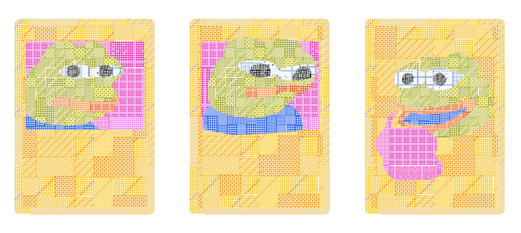 Triptych of stippled Pepe cards.