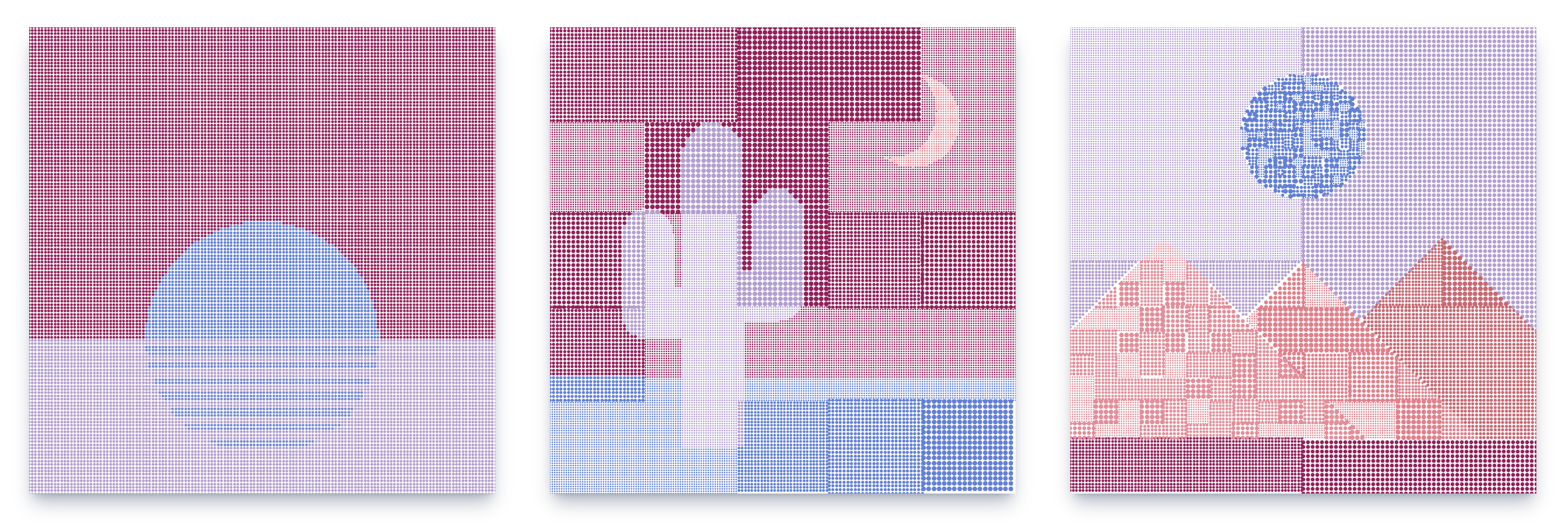 Triptych of works across Stippled Sunsets, Patchwork Saguaros, and Speckled Summits.